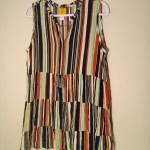 Ruby Rd Dress Women M Short Sleeveless Ruffle Tassel Pattern Green Black